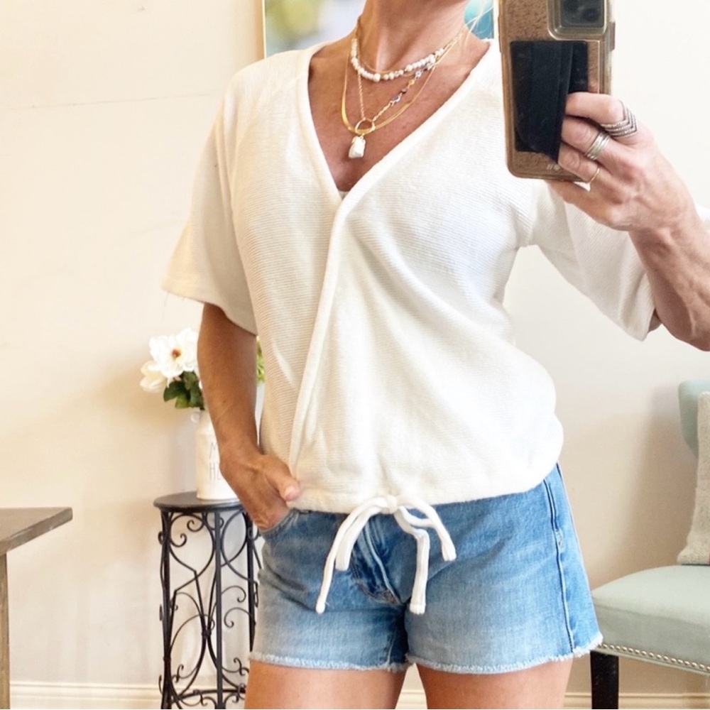 MADEWELL White cream wrap drawstring short sleeve cotton top women’s Medium